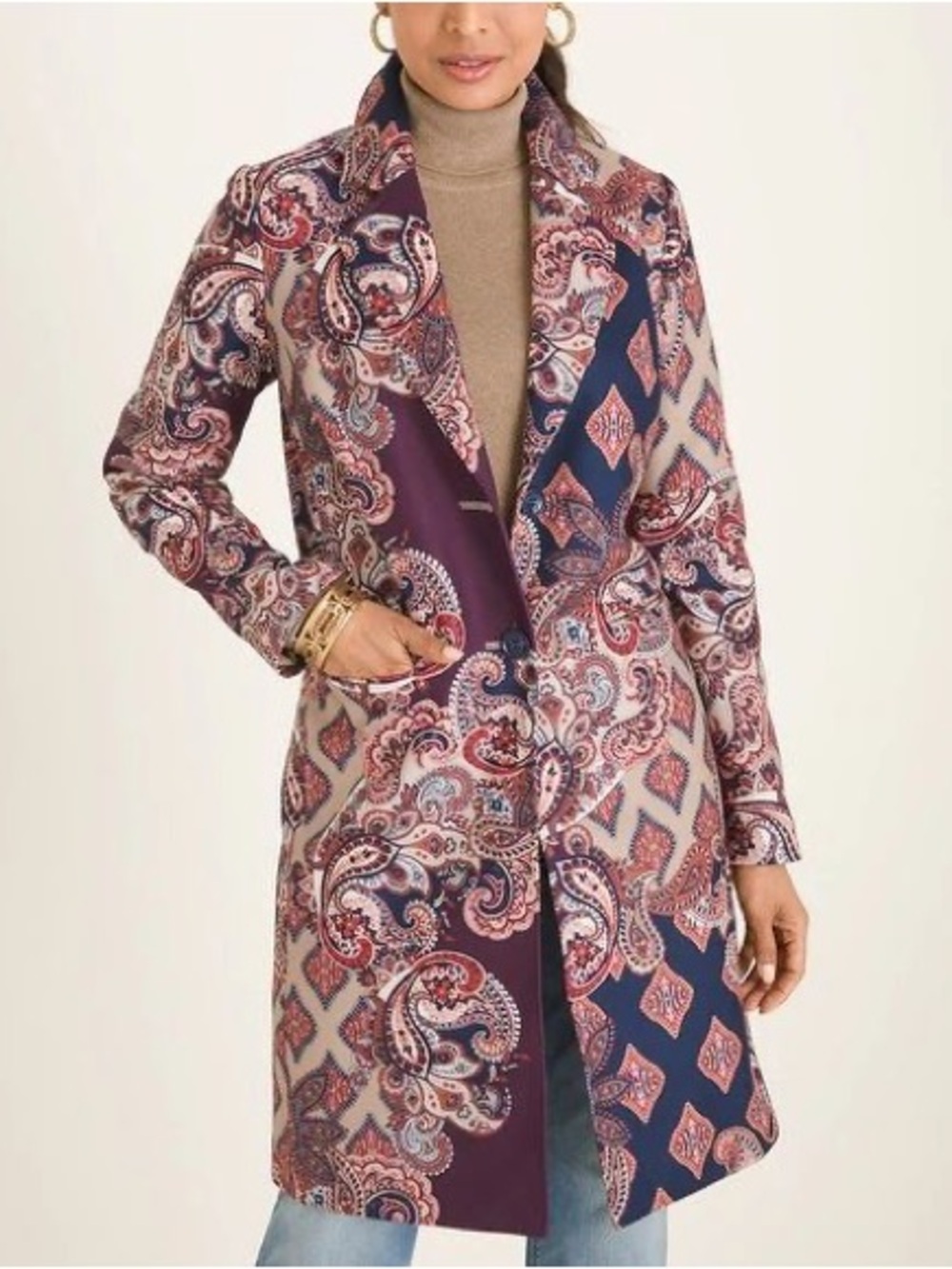 Chico’s Drama Coat Patched Print Outerwear Multicolored Size 2 ( 12/14US)